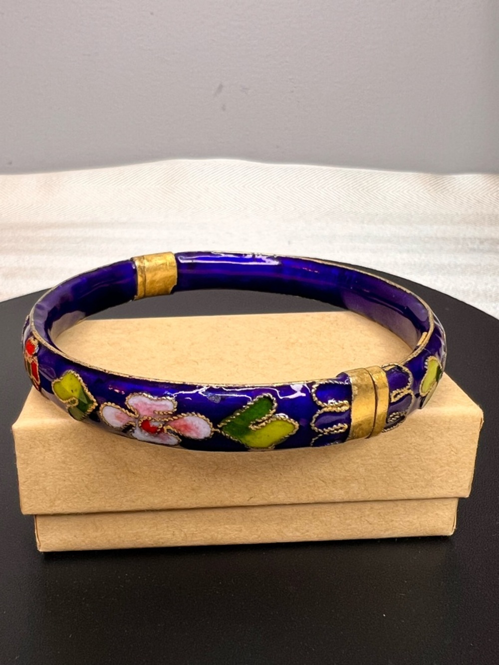 Cloisonné Cobalt Blue Vintage Clamper Bracelet Pink White Green Red Floral Print